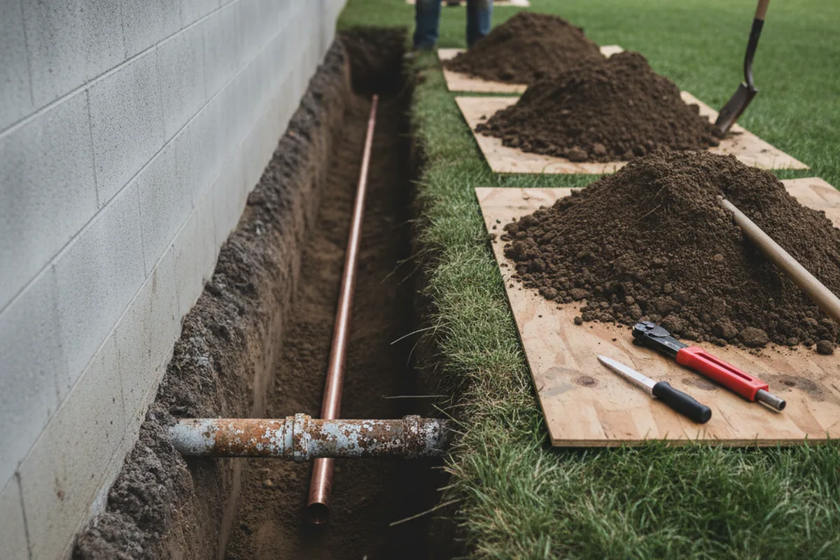 Excavated water line trench during Sewer Line Repair in Bell Buckle